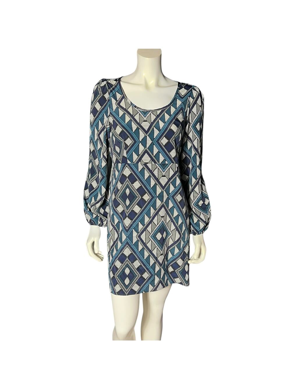 Francesca's Geometric Blue Dress Size Medium Long Sleeve Tie Waist Navy White M